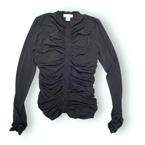 Rachel Parcell Ruched Soft Stretch Top Fits XS/S Black Long Sleeve High V Neck - Picture 7 of 11